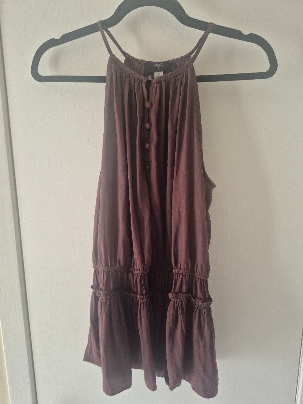 Tahari Brown Satin Tiered Ruffle Halter Top M